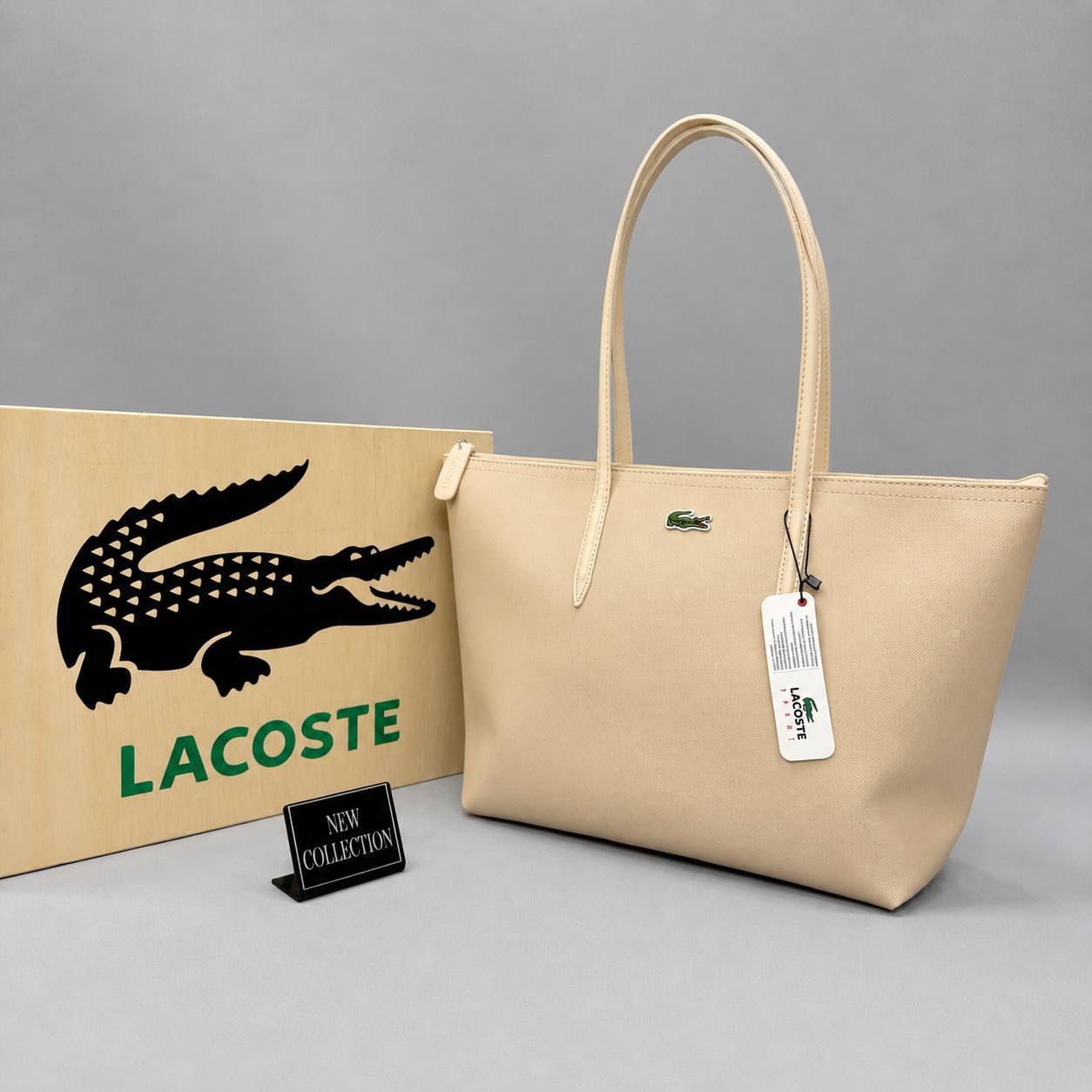 Lacoste Κρεμ Τσάντα Tote με Φερμουάρ